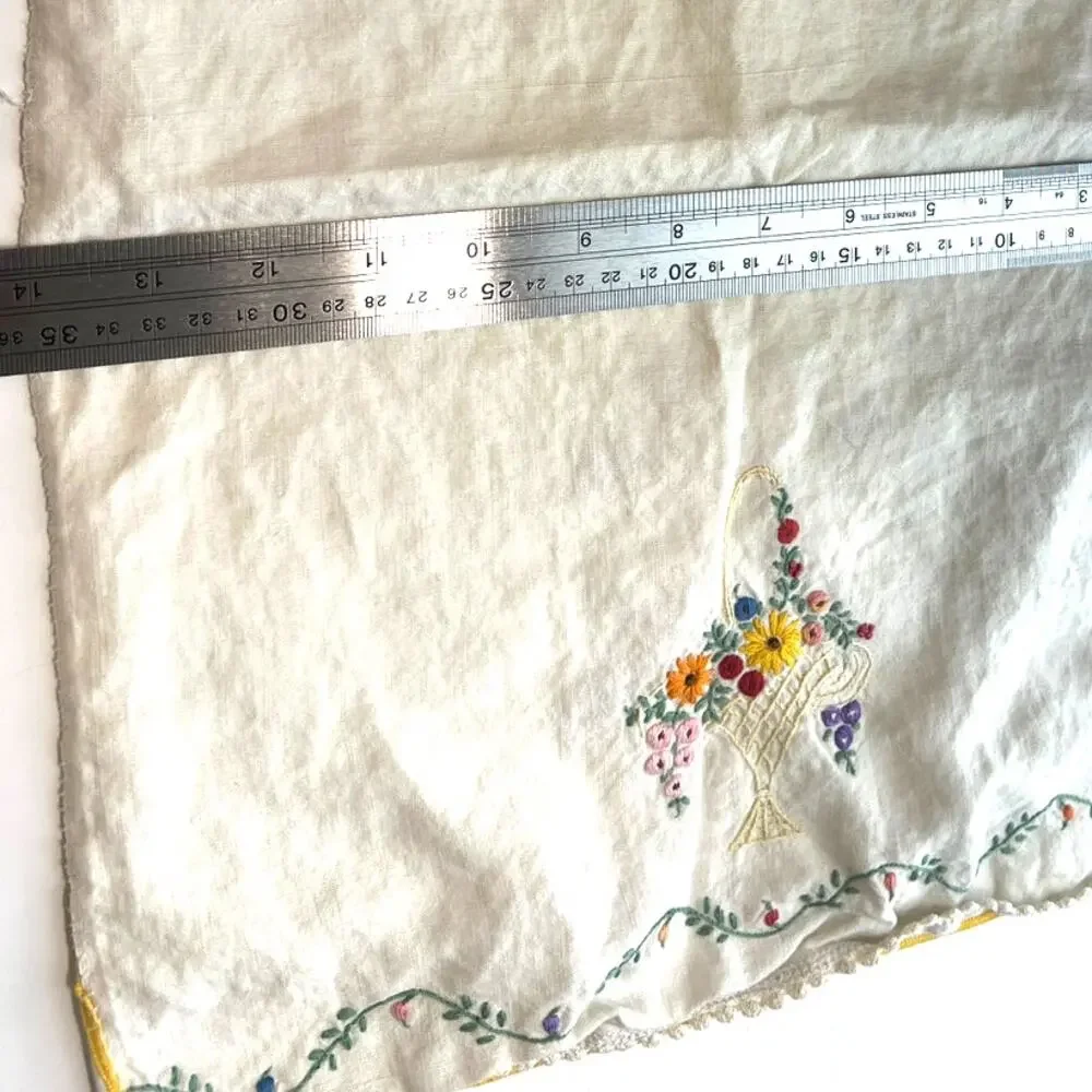 Throw Pillow cover vintage hand-embroidered floral basket crocheted 16